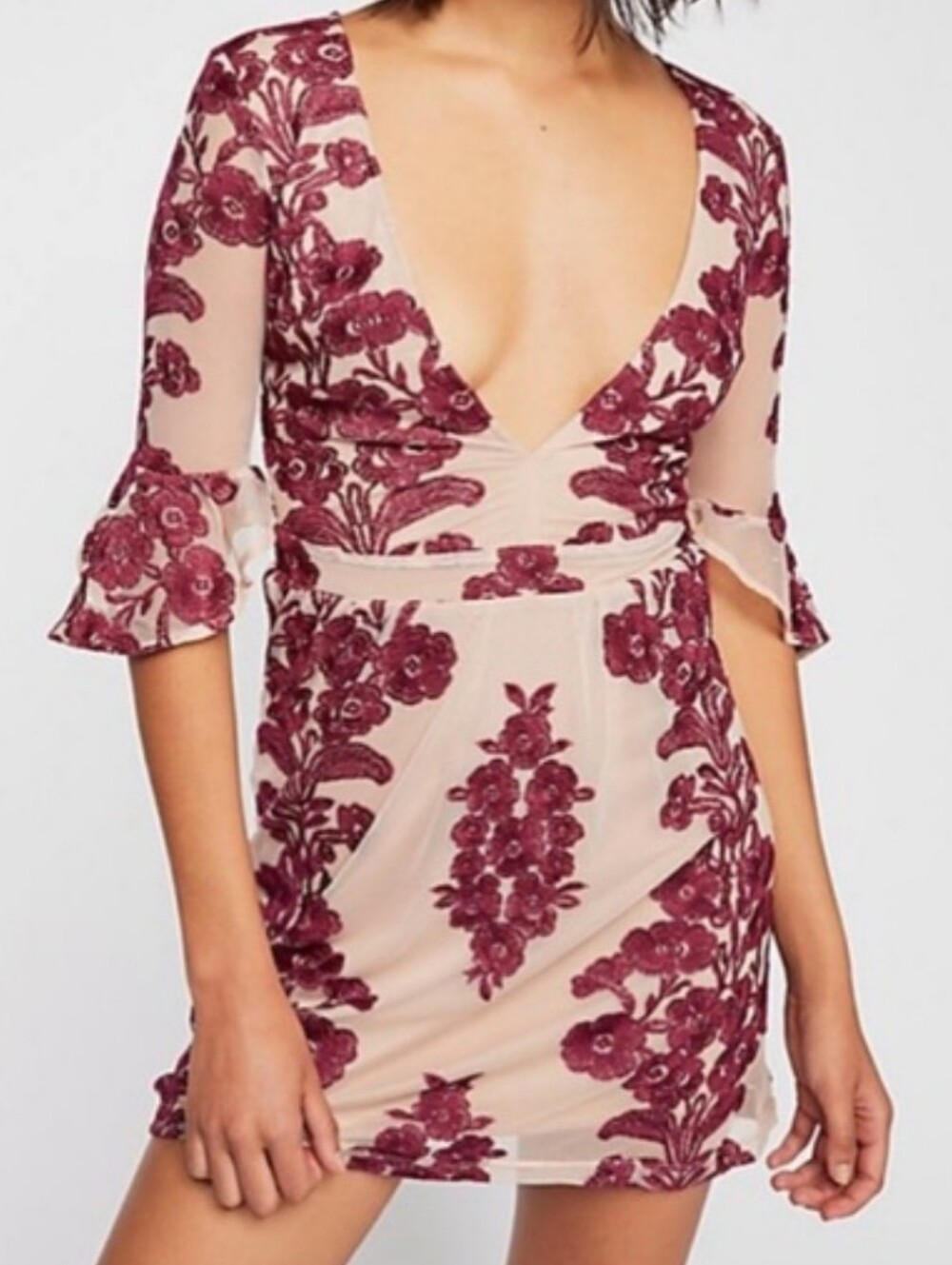 For Love & Lemons Temecula  Embroidered Floral Mini Dress Blush & Burgundy Small